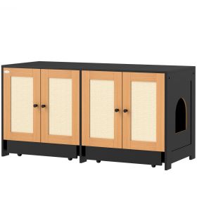 Cat Litter Box Enclosure w/ 2 Cabinets, Scratching Mats & Trays for 2 Cats or Kittens, Black (Option: Black-1330x600x170 mm)