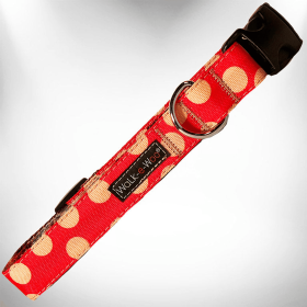 Polka Dot Dog - Tan Dots Collars (Color: Tan Dots on Red, size: S 3/4" width fits 10-14" neck)
