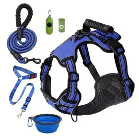 Tactical Service Dog Harness Strap Set, Car Seat Belt, Collapsible Bowl, Biodegradable Trash Bag Set For Dogs (Option: Blue-M)