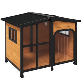PawHut Outside Cabin-Style Wooden Dog House for Large Dogs with Openable Roof & Giant Window, Outdoor & Indoor Big Dog House, Asphalt Roof, Yello (Color: AS PIC)
