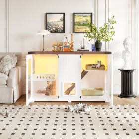 47.25 Large Cat Litter Box Enclosure With LED Light, Hidden Litter Box Furniture, Cat House With Stairs And Cat Scratching Post, Cat Cabinet Side (Option: White)