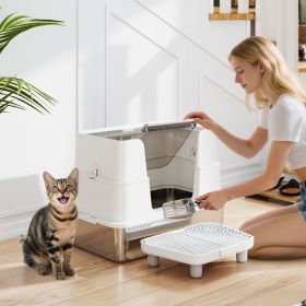 XL Stainless Steel Litter Box w/ 100° Flip Top, Scoop, Step, Top & Side Entry Enclosed Litter Box for Big Cats (Option: Light Gray-620x420x210 mm)